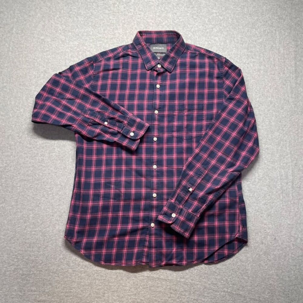 Bonobos Men's Large Slim Fit Flannel Shirt Navy Pink Plaid 100% Cotton